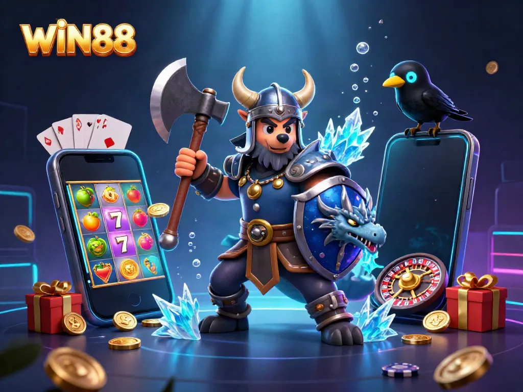 Win88 enchanting slot experience with a Viking wolf warrior and dragon showcasing exciting gaming elements.