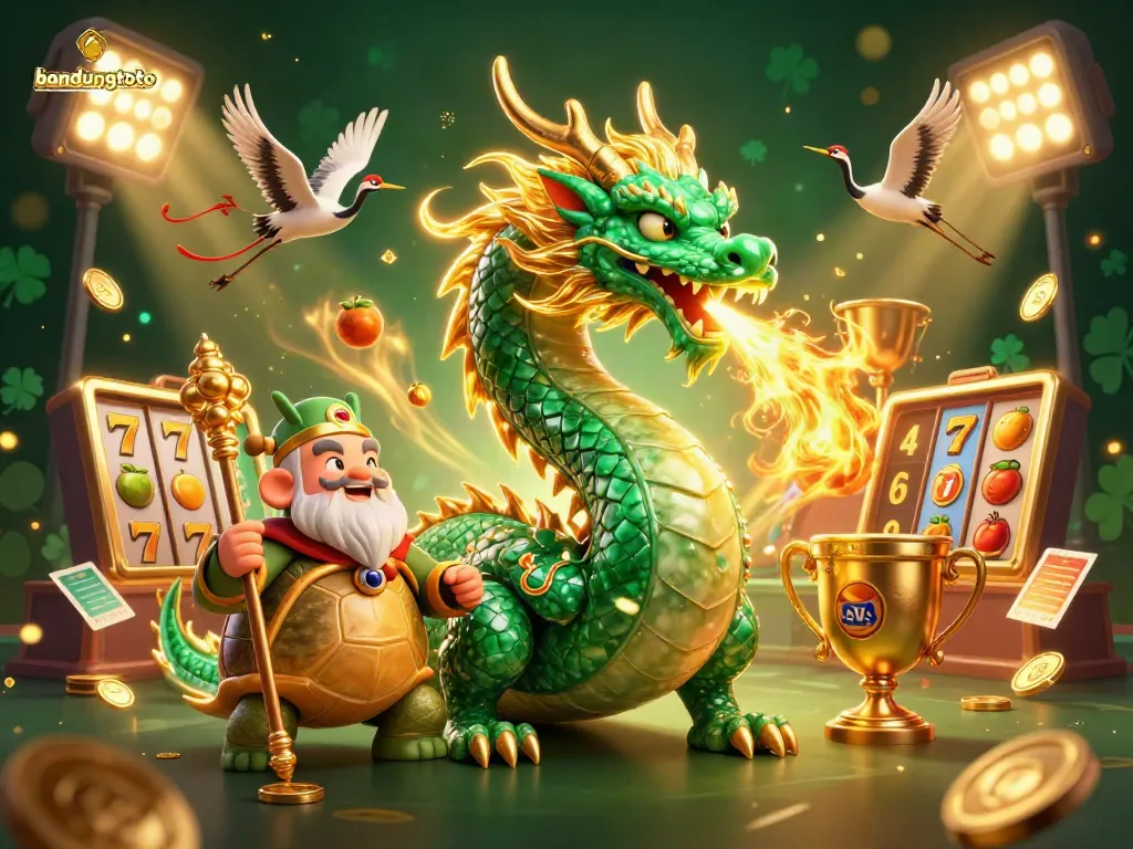 Experience the excitement of bandungtoto with giant jade dragon, slots, and golden elements.