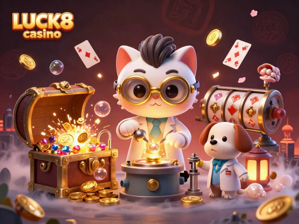 Experience the excitement of LUCK8 casino with a vibrant 3D scene featuring a mad scientist cat creating gold coins amidst dynamic casino elements.
