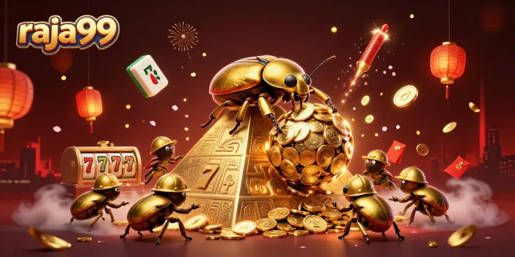 Engage with raja99 as a golden dung beetle rolls coins, surrounded by vibrant casino elements.