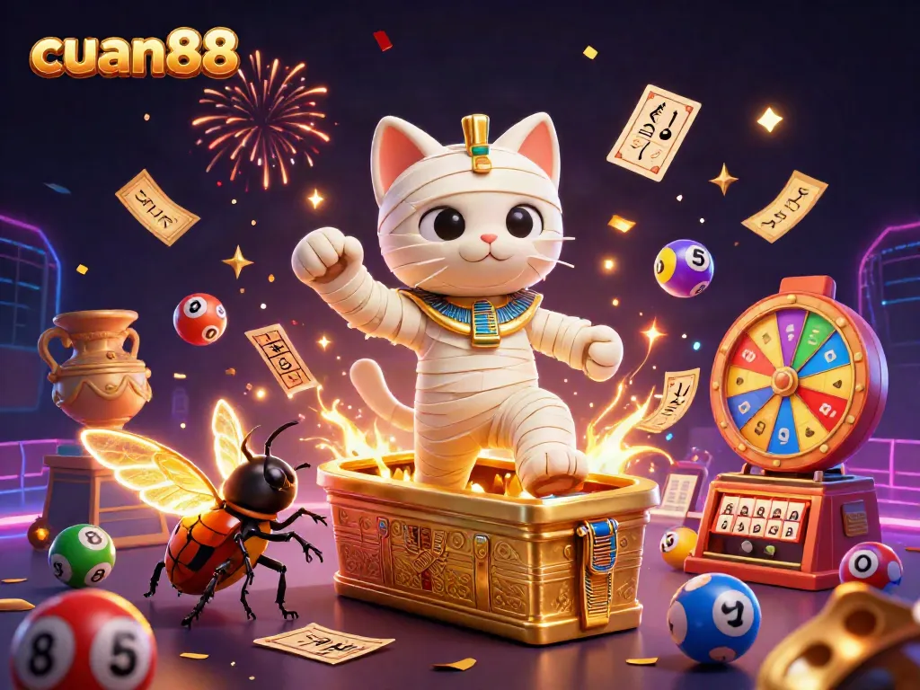 Join the exciting world of cuan88 with a vivid illustration of casino elements featuring a mummy cat and golden treasures.