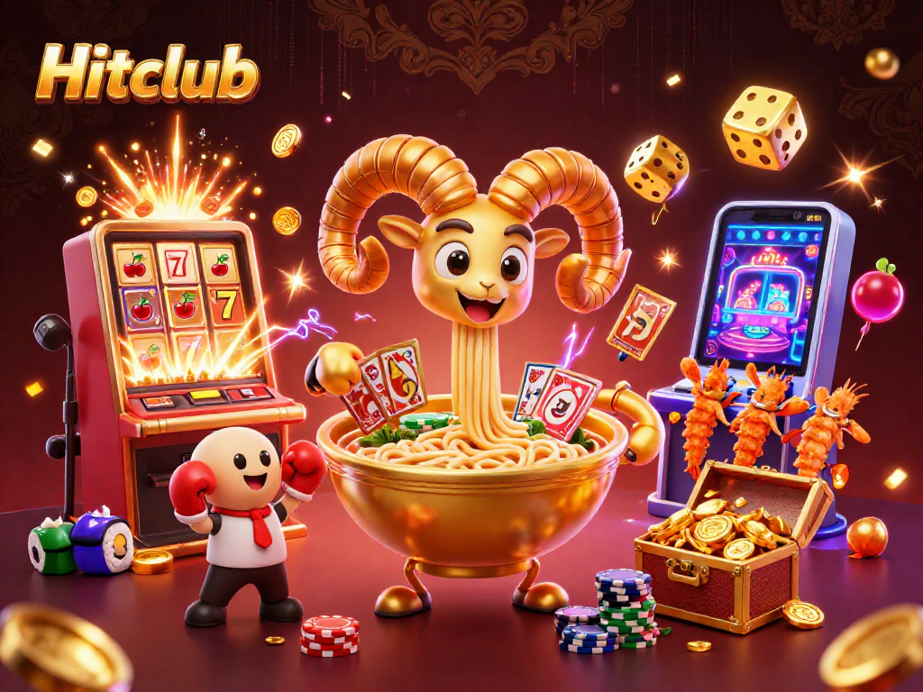 Hitclub showcases thrilling gameplay with a vibrant 3D casino scene featuring dynamic characters and winning symbols.