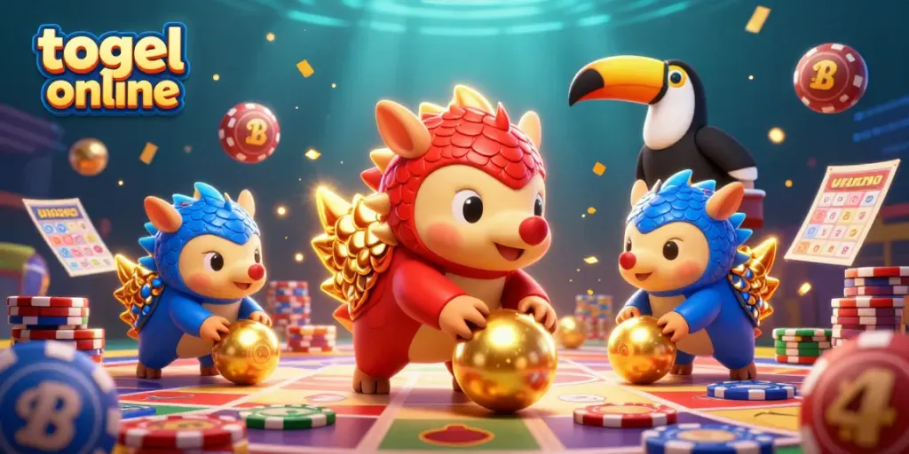 Engaging action scene of a lottery game showcasing togel online with vibrant pangolins and lively elements.