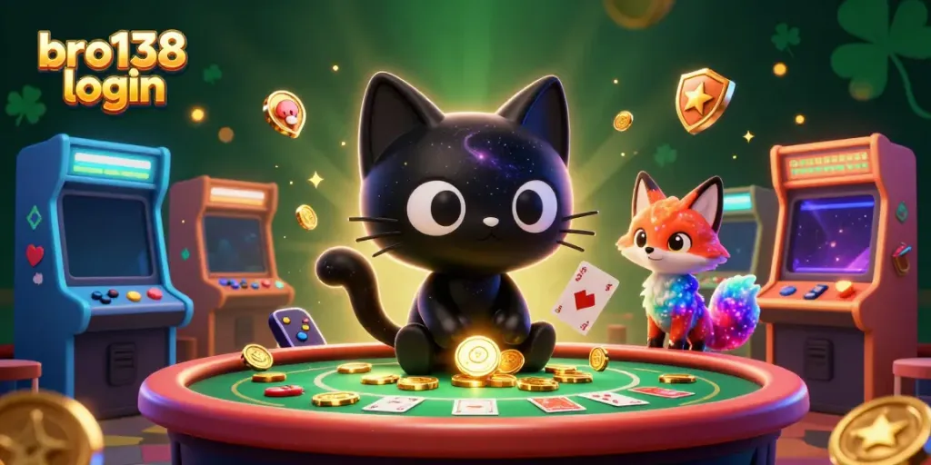Engage with bro138 login through a whimsical casino scene featuring a cosmic black hole cat and a nebula fox.