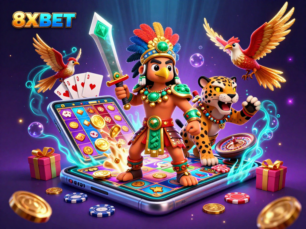 Experience 8XBET's thrilling casino action with 3D warriors amidst dynamic gaming elements.
