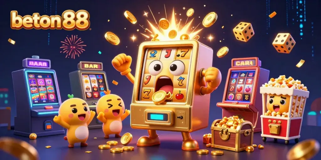 Mesin slot sentient beton 88 merayakan jackpot dengan koin mengalir, dikelilingi mesin slot kecil dan efek kembang api.