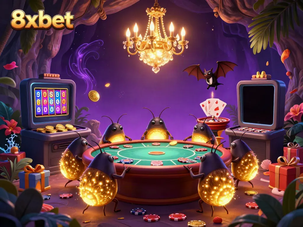 Play vibrant games at 8xbet's immersive casino as glowworms light the scene.