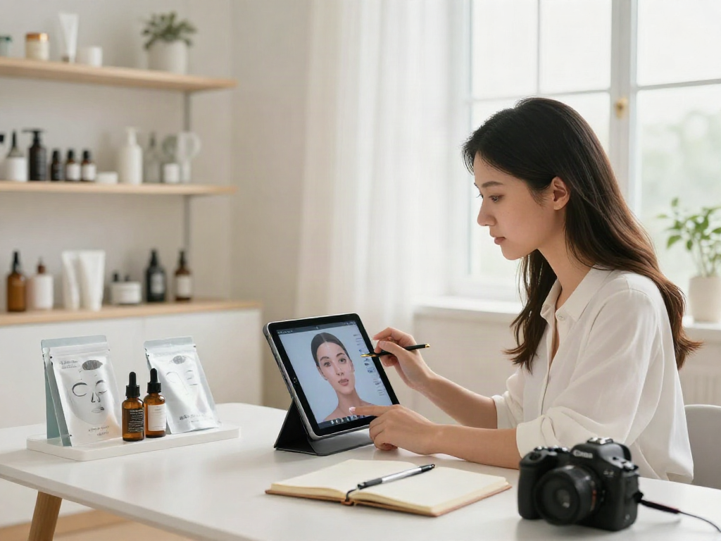ClinicEvo better than QOVES: Young woman using digital facial analysis in modern beauty studio