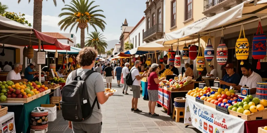 Tenerife travel shop experience at a local market with traveler enjoying Canarian cuisine.