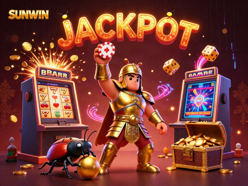 Experience SUNWIN's exciting jackpot atmosphere with cartoon characters celebrating wins.