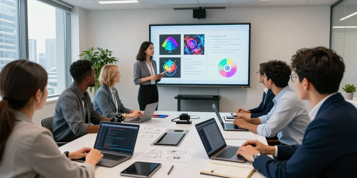 Professionals discussing AI-Generated Image Detection at a tech conference, showcasing diverse engagement.