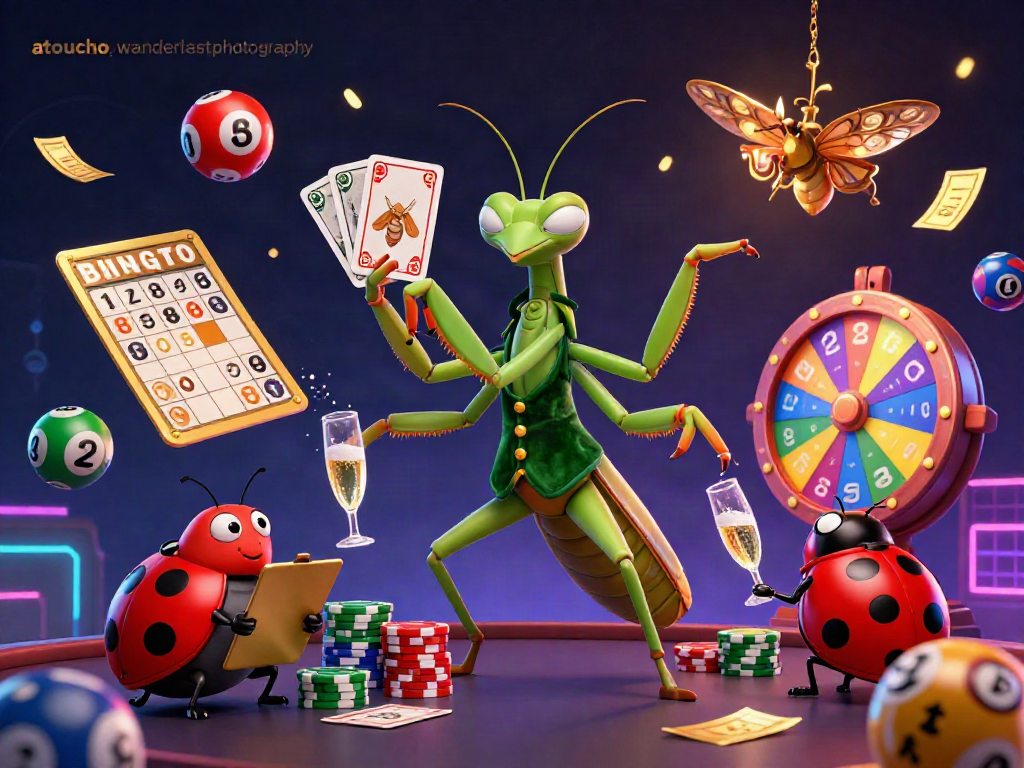 Experience excitement at atouchofwanderlustphotography with vibrant lottery balls and animated characters in a lively casino scene.