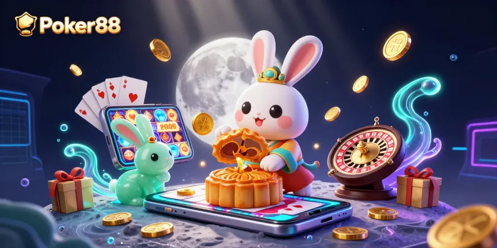 Engage in thrilling games at Poker88 with slot reels, poker chips, and vibrant casino elements.