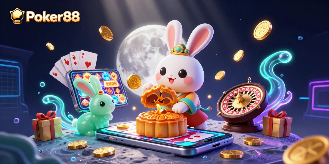 Engage in thrilling games at Poker88 with slot reels, poker chips, and vibrant casino elements.