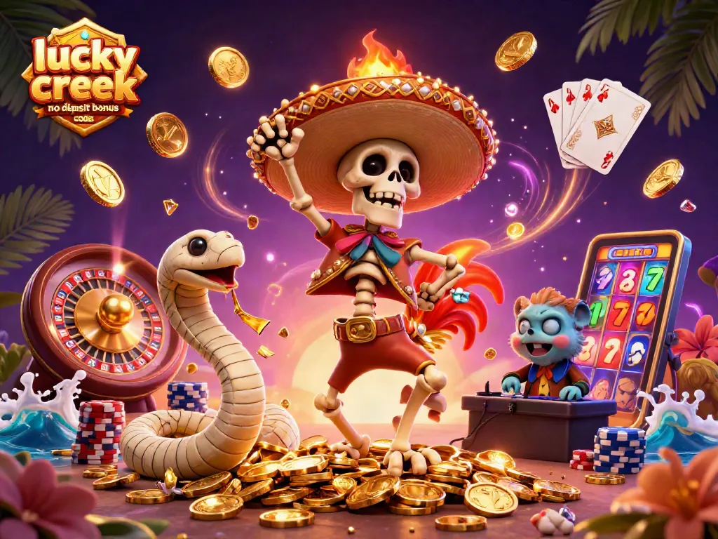 Claim exciting lucky creek no deposit bonus codes with vibrant characters, coins, and casino elements.