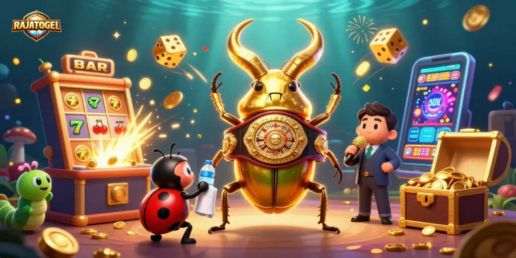 RAJATOGEL showcases exciting casino action with a giant stag beetle and vibrant slot machine explosion.