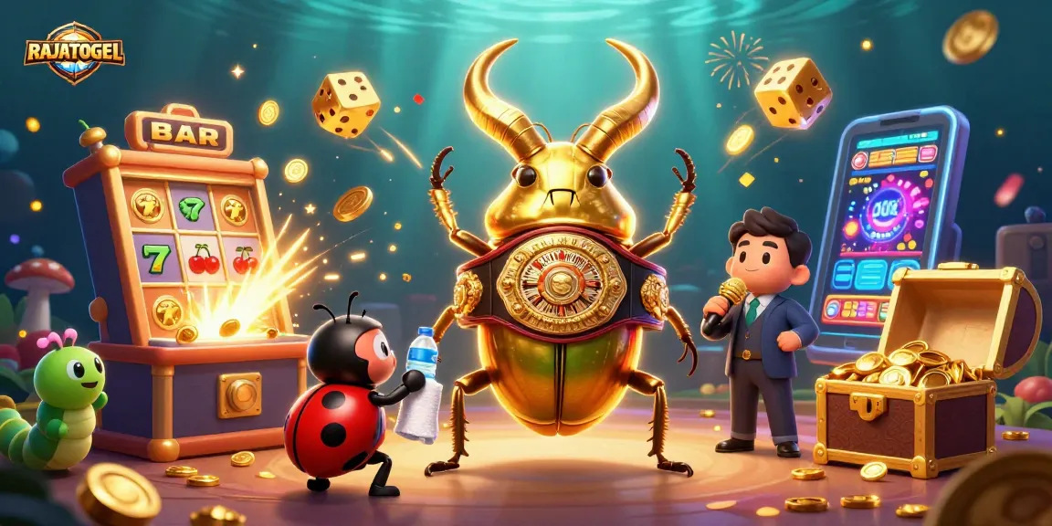 RAJATOGEL showcases exciting casino action with a giant stag beetle and vibrant slot machine explosion.