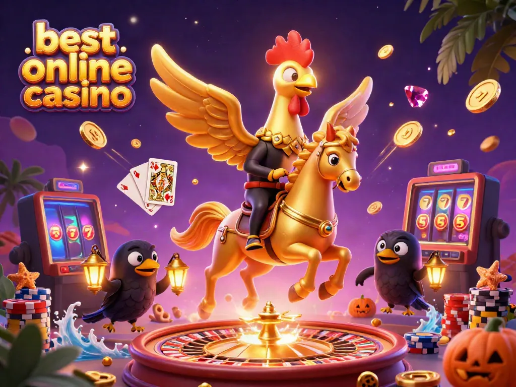Engaging scene of the best online casino showcasing a golden rooster casino, vibrant game elements, and dynamic characters.
