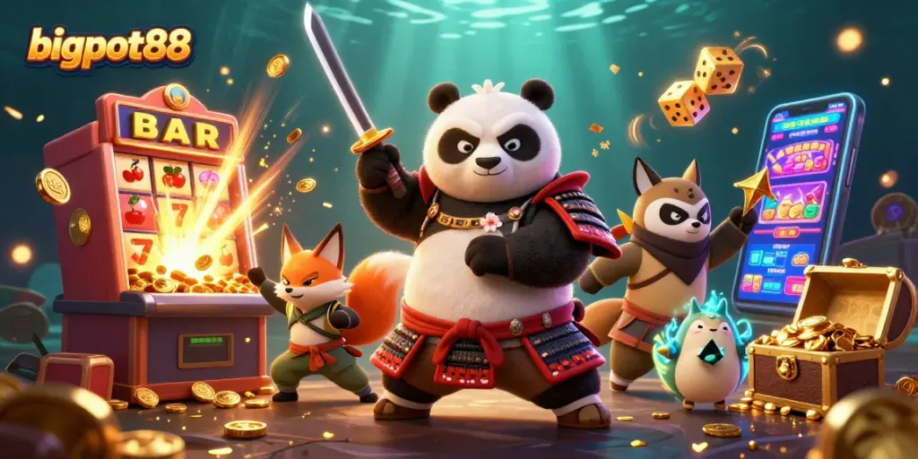 Menangkan jackpot di bigpot88 dengan ilustrasi kartun 3D panda samurai dan simbol kasino yang menarik.