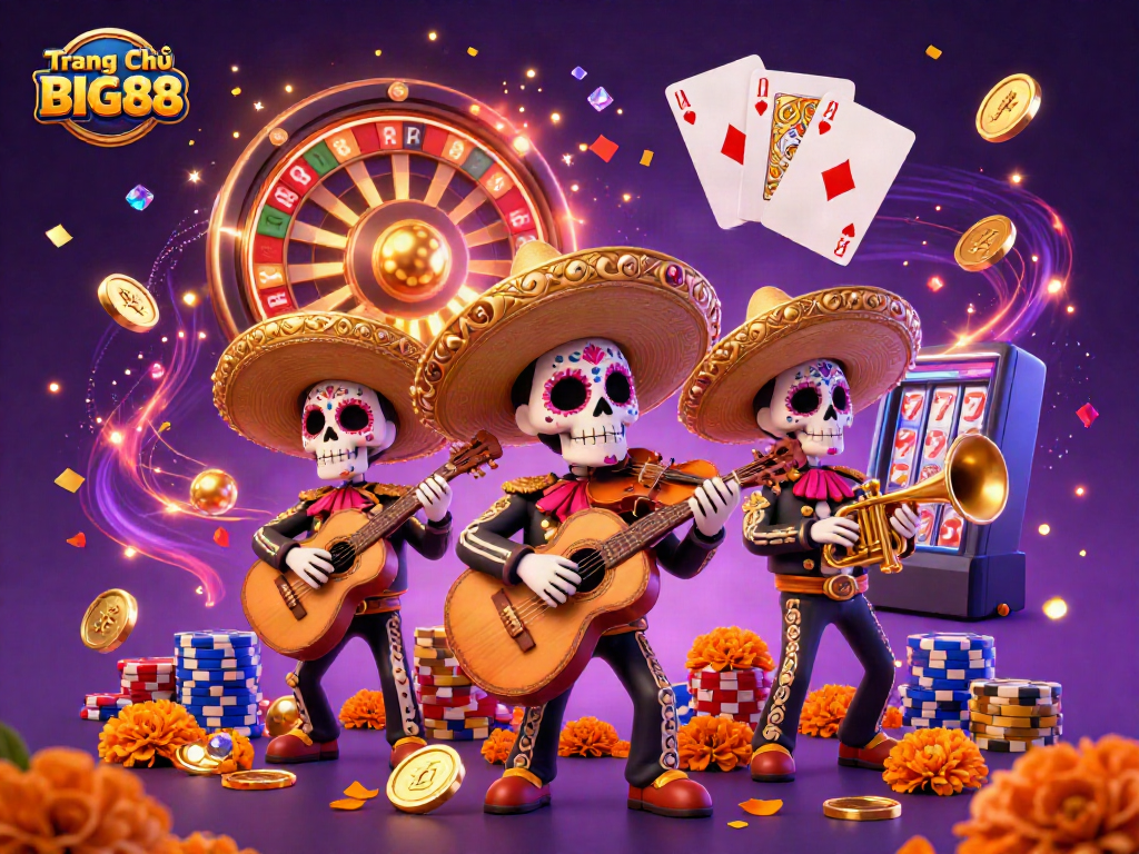 Experience the excitement of Trang Chủ BIG88 with a lively mariachi band, casino elements, and vibrant colors.
